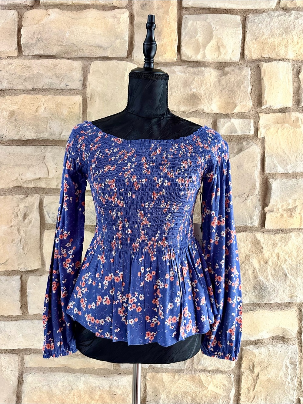 Blue Floral Smocked Peplum Long-Sleeve Blouse